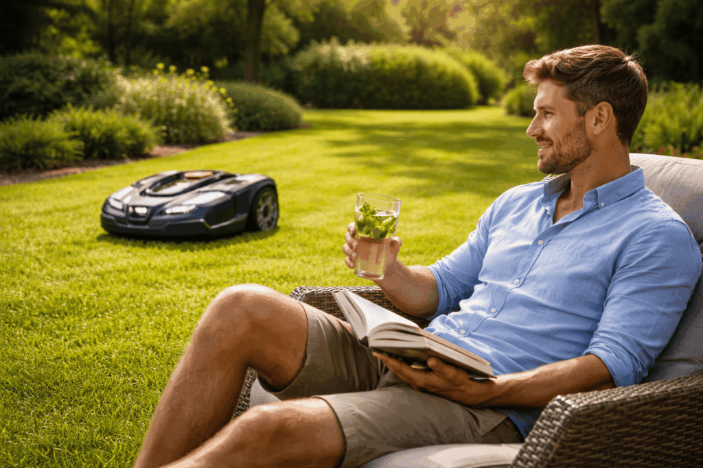 Homme détendu avec sa tondeuse robotisée