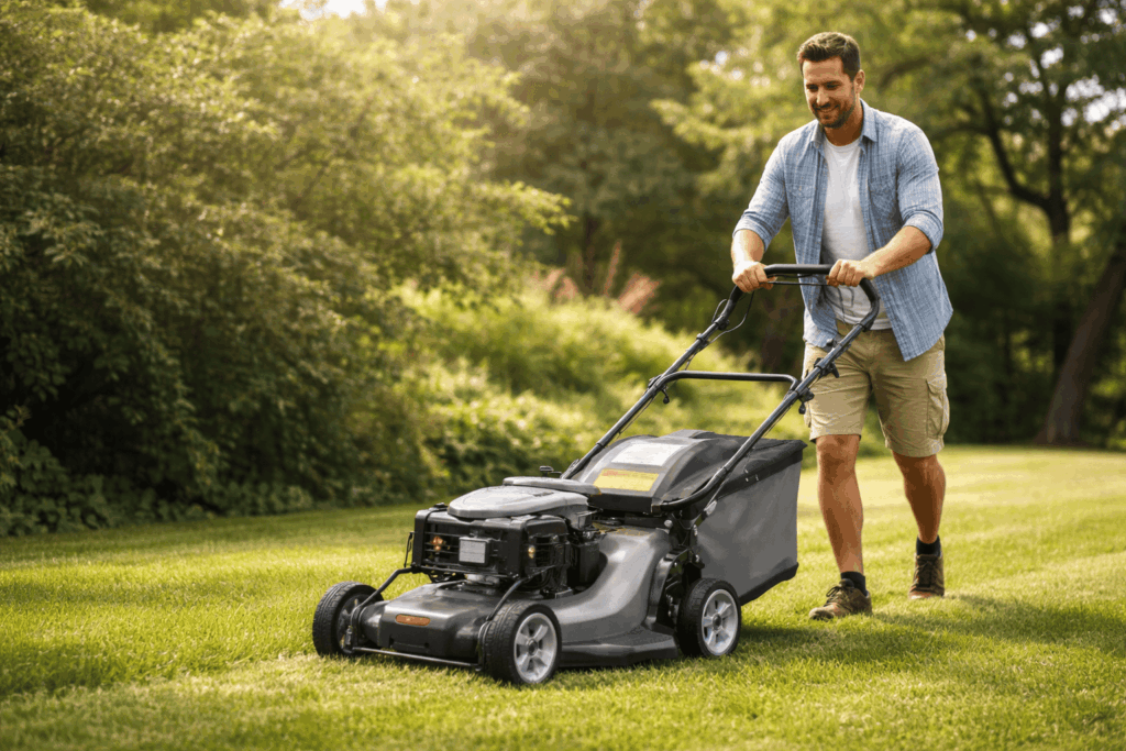 Homme tondant la pelouse avec la tondeuse à gazon thermique