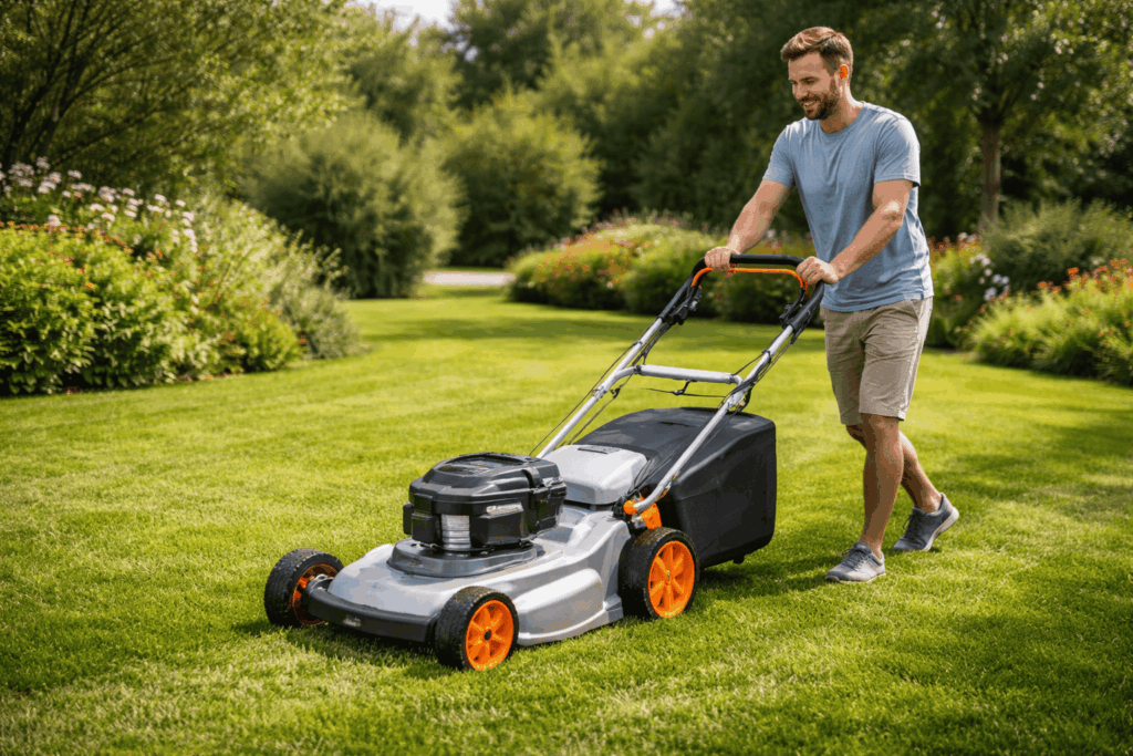 Tonte de gazon sous le soleil