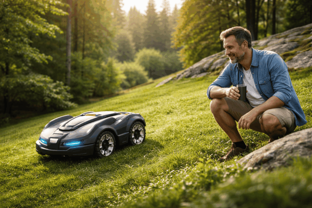 une personne tondant sa pelouse avec robot tondeuse