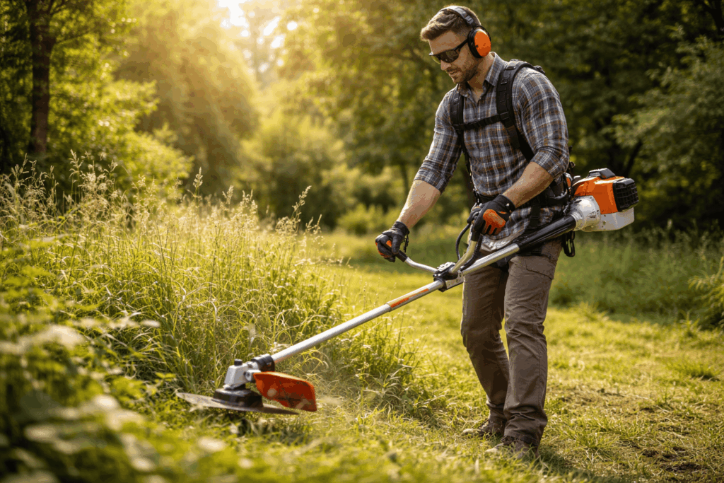 une personne utilisant sa débroussailleuse