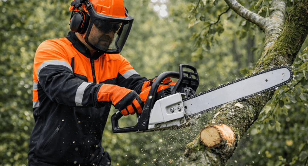 Arboriste en action avec tronçonneuse