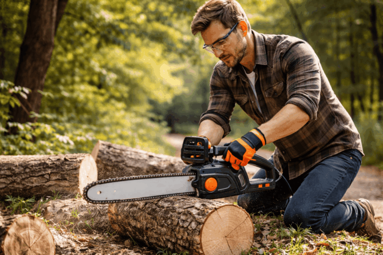 Homme coupant du bois en forêt avec sa tronçonneuse électrique