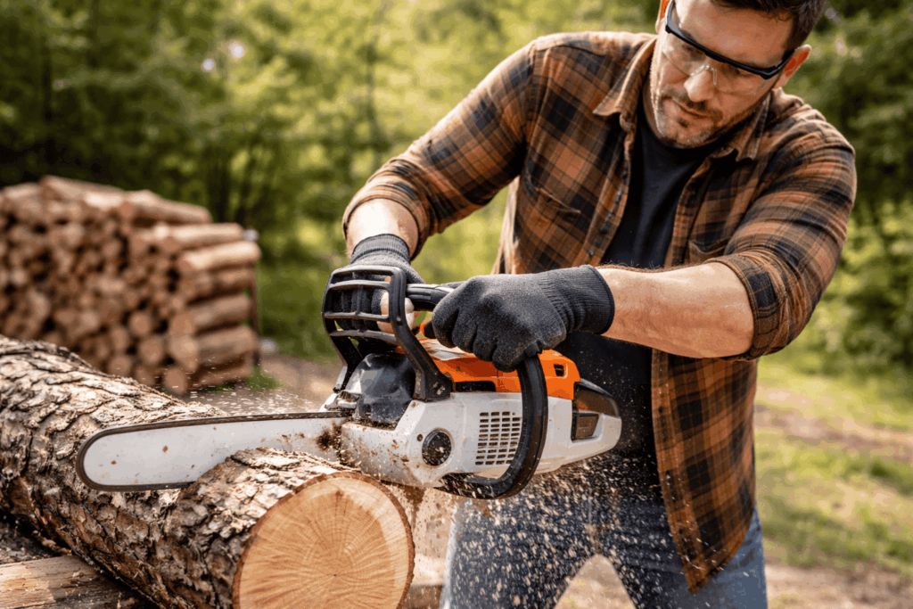 Homme coupe un tronc avec une tronçonneuse