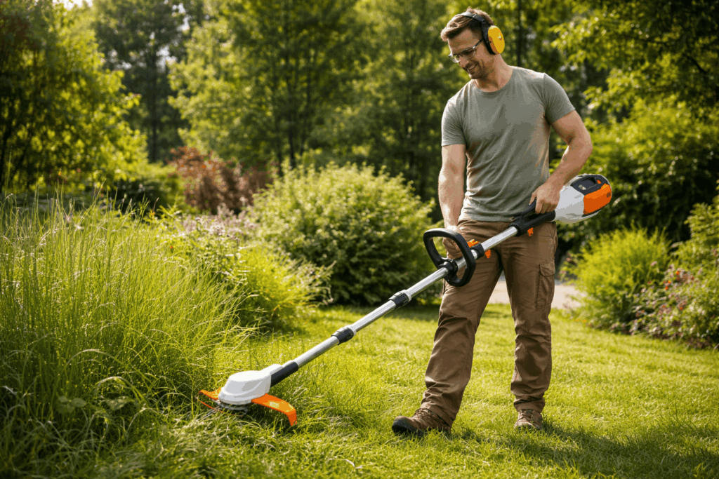 Homme taillant l'herbe avec sa débroussailleuse à batterie