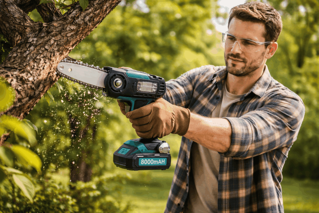 un homme utilisant sa mini tronçonneuse à batterie