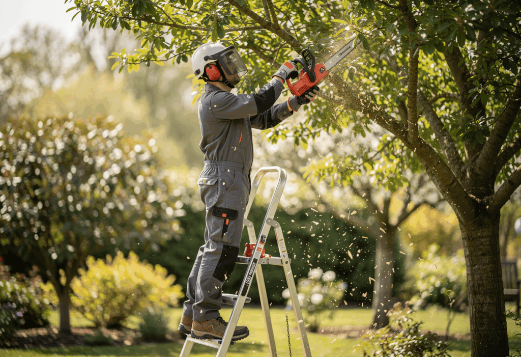 un homme utulisant sa tronçonneuse élagueuse