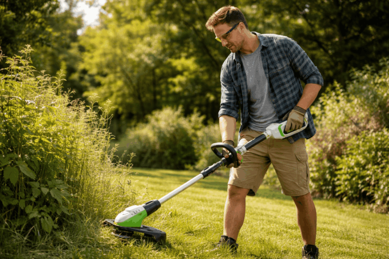 une personne utilisant sa débroussailleuse électrique