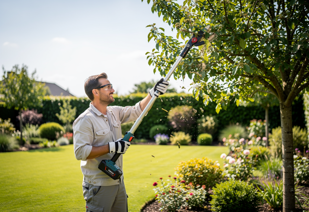 une personne utulisant l'élagueuse sur perche à batterie