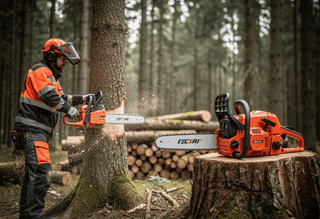 une personne utulisant sa tronçonneuse d'abattage