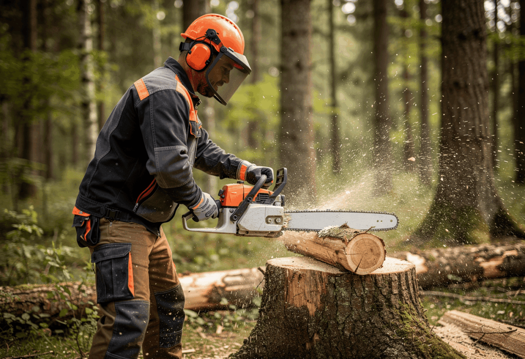une personne utulisant sa tronçonneuse thermique stihl
