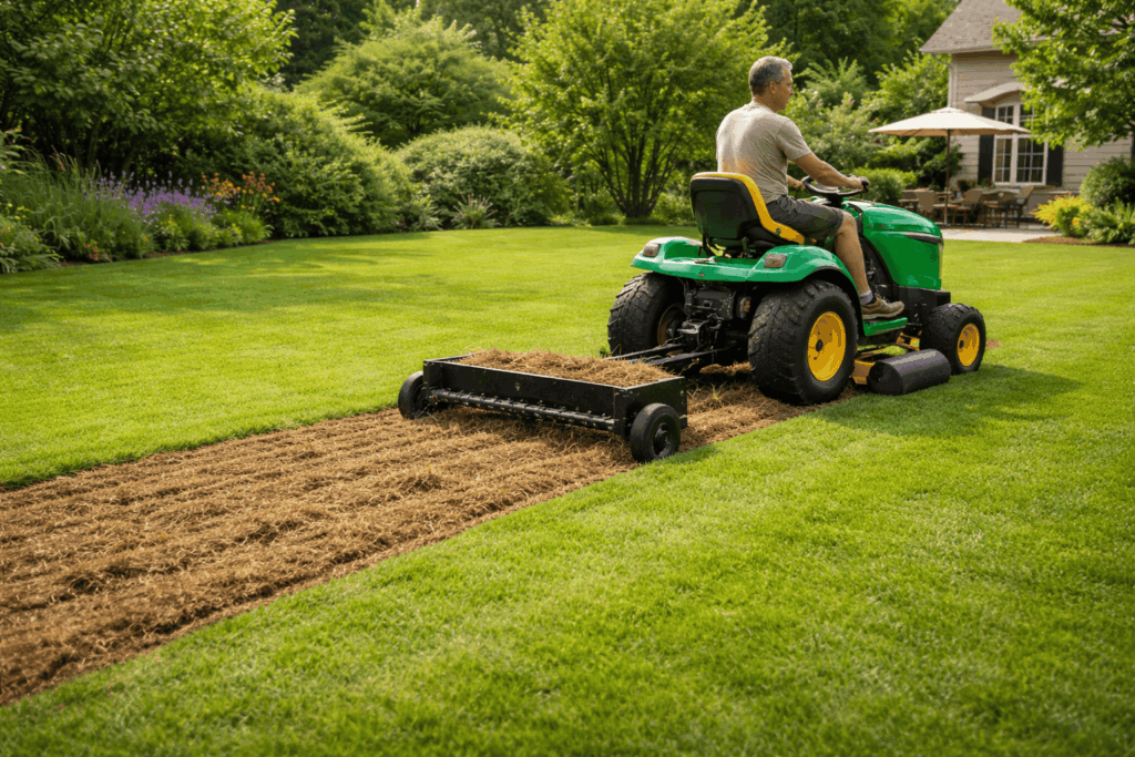 une personne utulisant son scarificateur pour tracteur tondeuse