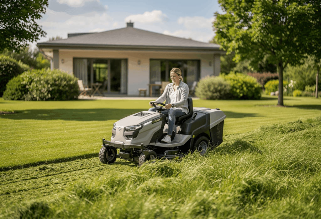 une personne utulisant son tracteur tondeuse