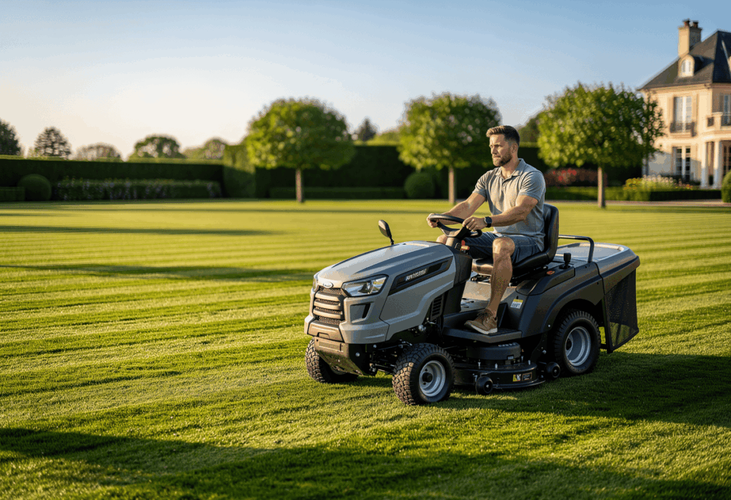 un homme tondant sa pelouse avec son tracteur tondeuse 10000m2​