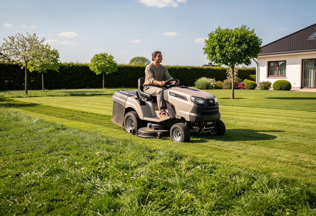 un homme utulisant son tracteur tondeuse 2000m2