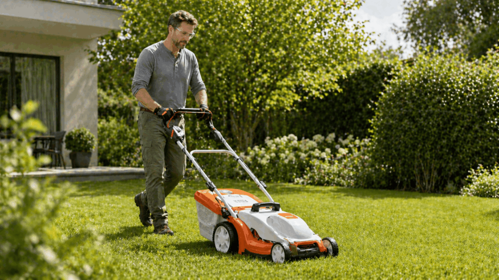 un personne tondant sa pelouse avec sa tondeuse batterie stihl