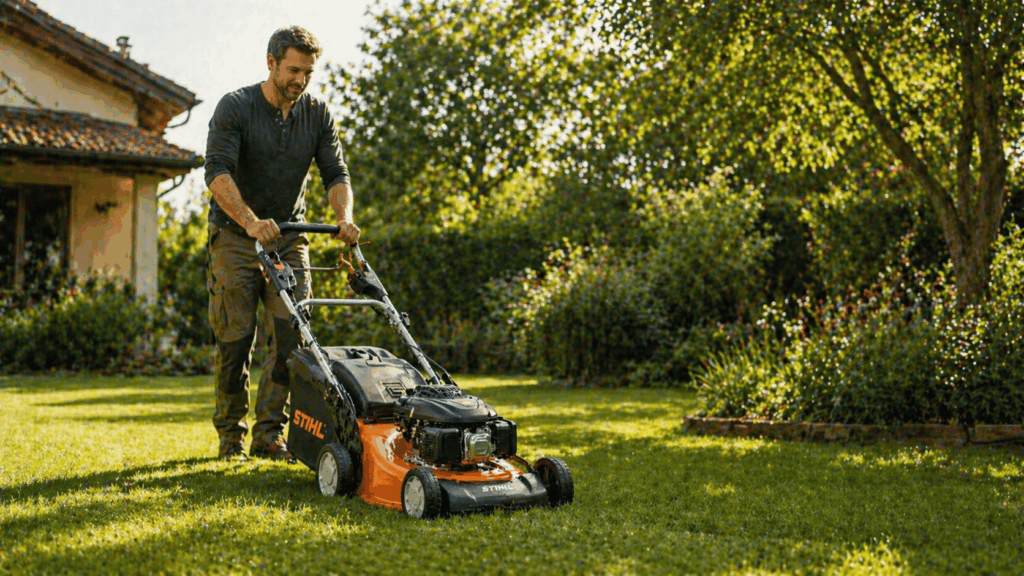 une personne utulisant sa tondeuse de marque Stihl