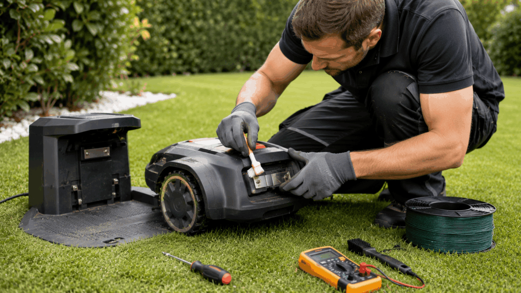 Entretien du robot tondeuse dans le jardin