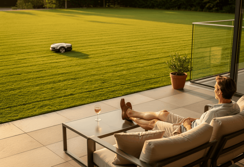 Propriétaire profitant d’un grand jardin entretenu automatiquement