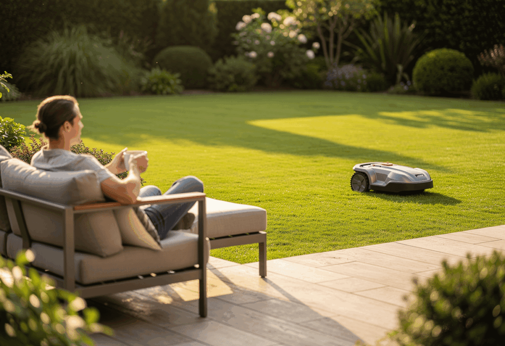 Propriétaire profitant d’un jardin entretenu automatiquement Segway Navimow H1500e