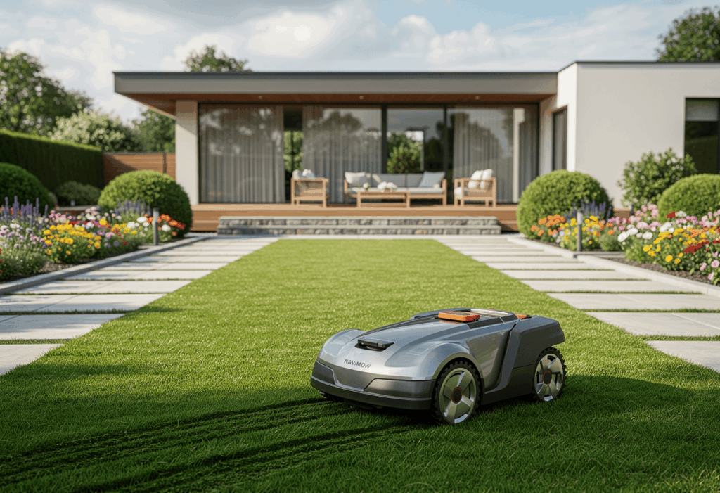 Robot Navimow i108e en action dans un jardin moderne