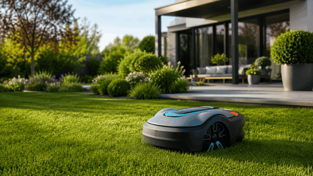 Robot tondeuse de la marque gardena dans jardin moderne
