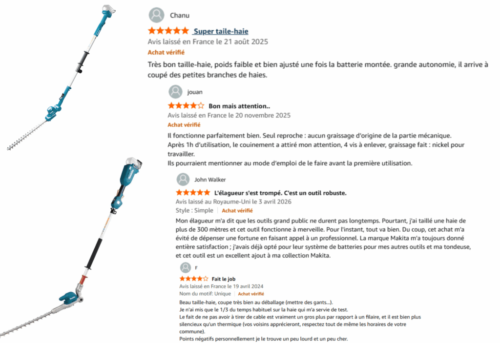 avis des clients sur la taille haie sur perche makita