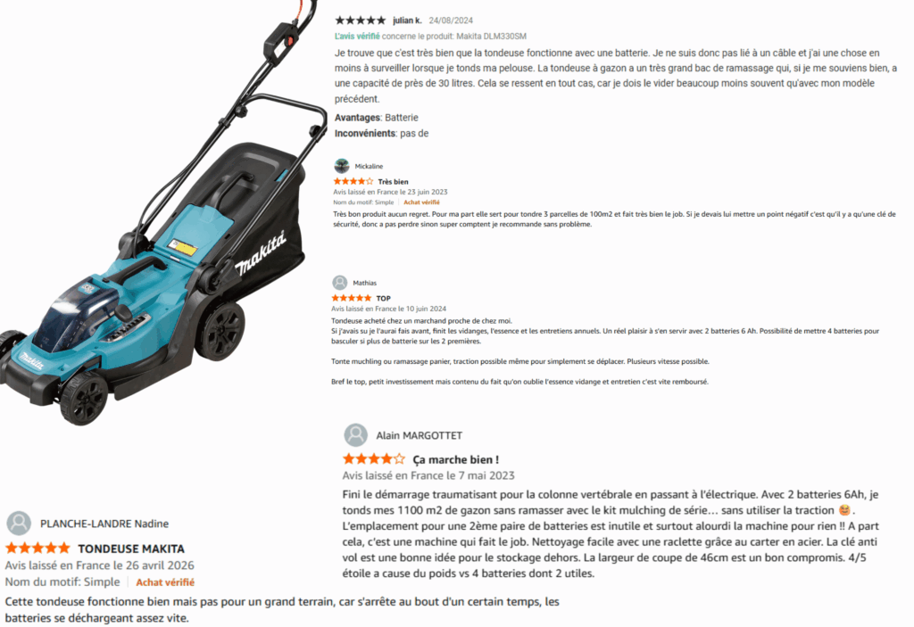 avis des clients sur la tondeuse makita