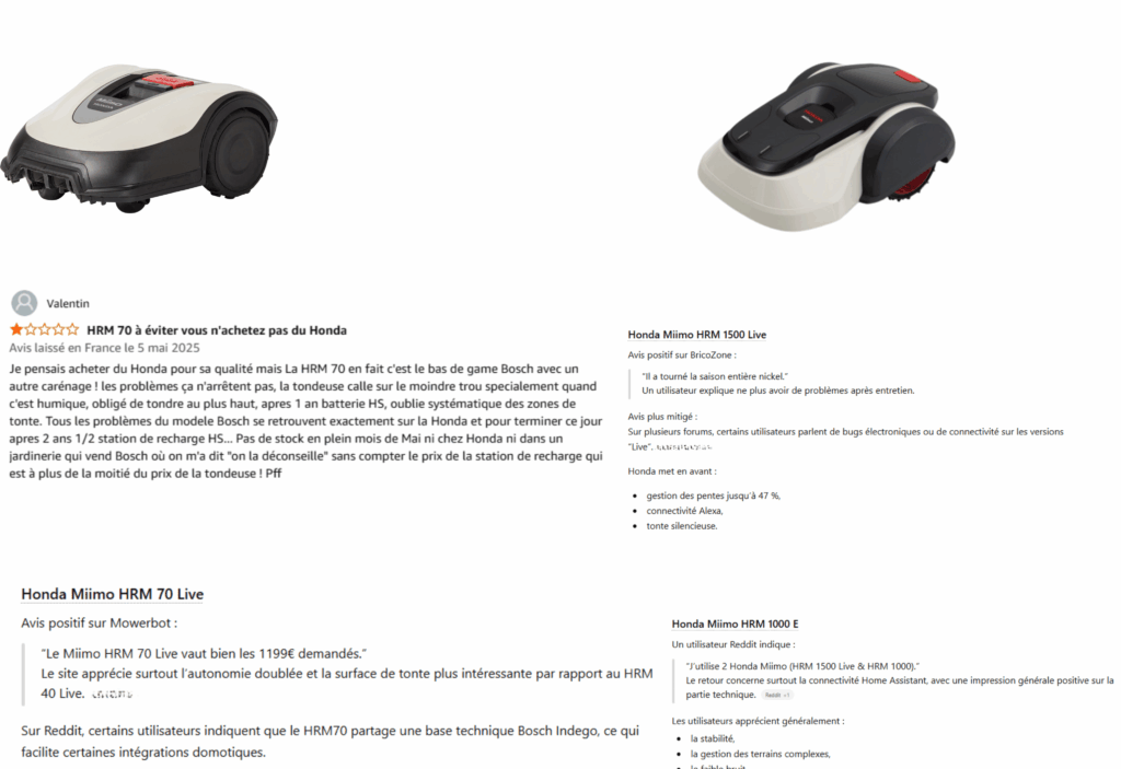 avis des clients sur le robot tondeuse honda