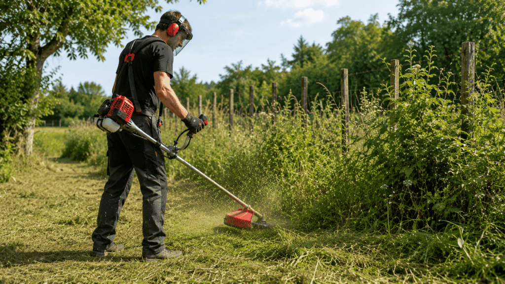 un homme utulisant sa débroussailleuse einhell