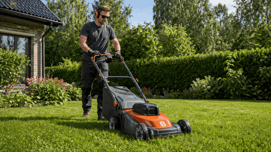 un homme utulisant sa tondeuse batterie de la marque husqvarna
