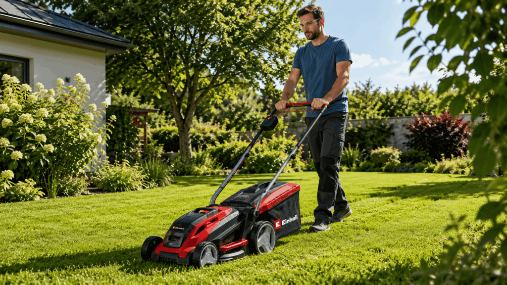un homme utulisant sa tondeuse de la marque einhell