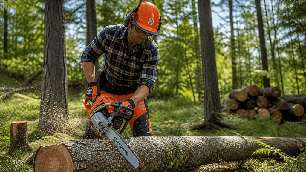un homme utulisant sa tronconneuse de marque husqvarna
