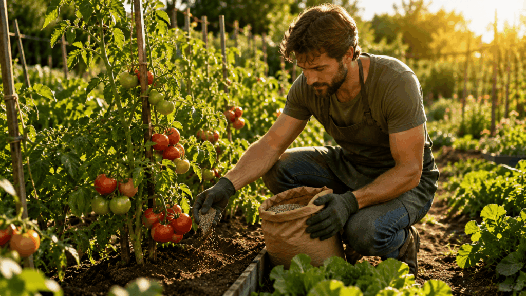 un homme utulisant son engrais pour les tomates pretajardiner