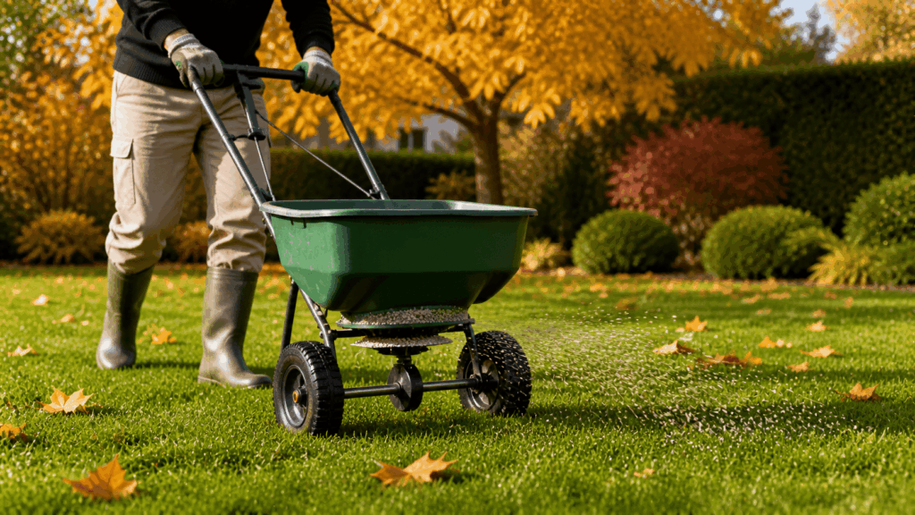 un homme utulisant son engrais pour son jardin pendant l'automne