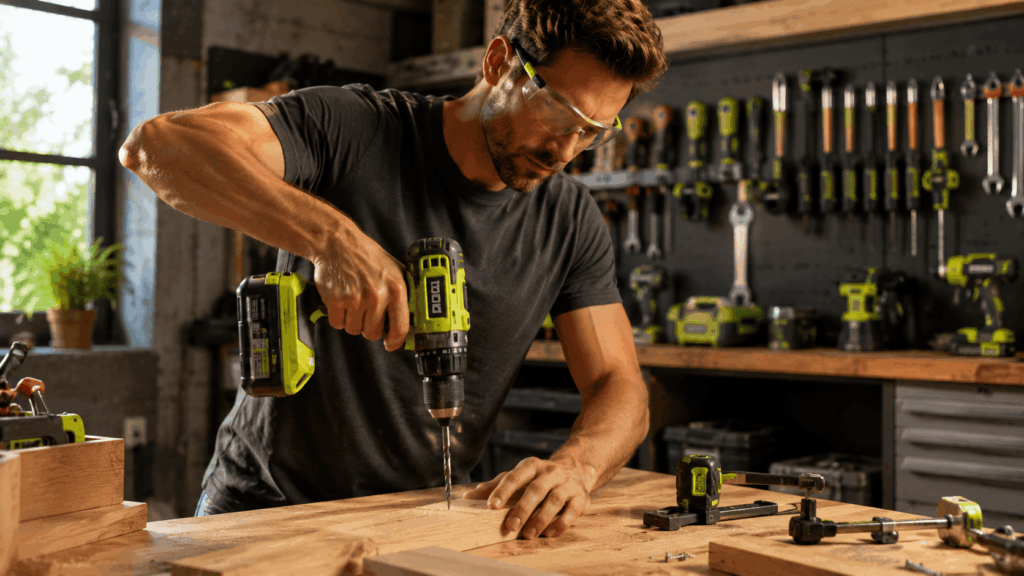 un homme utulisant son outils de la marque ryobi