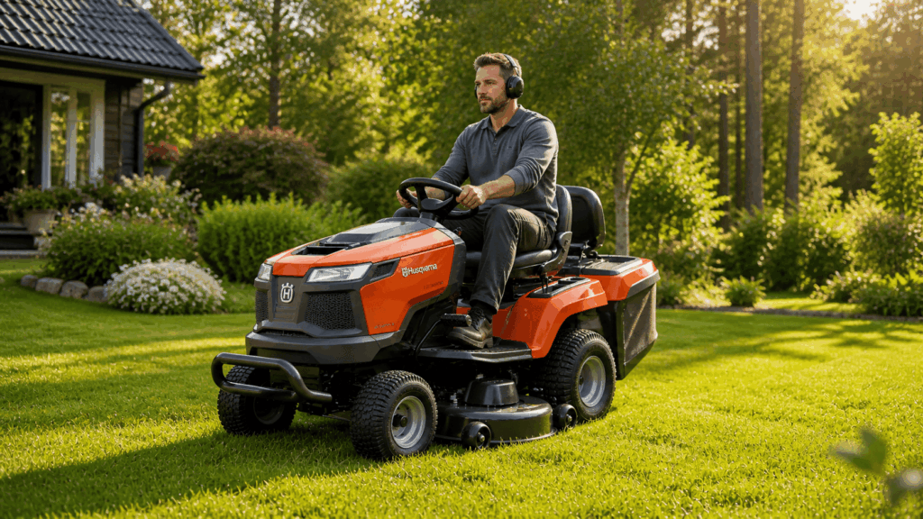 un homme utulisant son tracteur tondeuse husqvarna