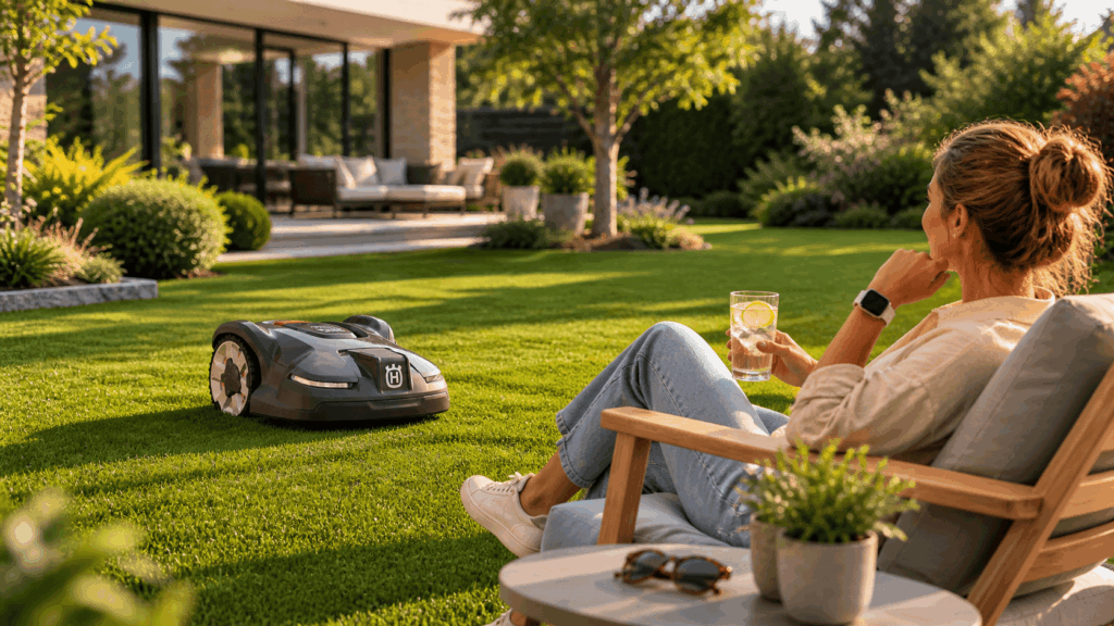 une femme profitant de son jardin pendans t que son robot tondeuse husqvarna tondais