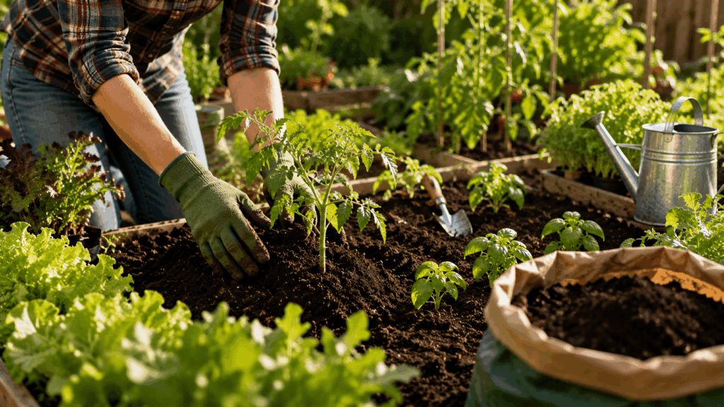 une femme utulisant son terreau potager