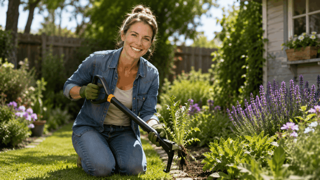 Jardinier profitant des bénéfices du désherbage fiskars