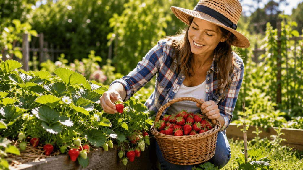 Récolte de fraises au jardin
