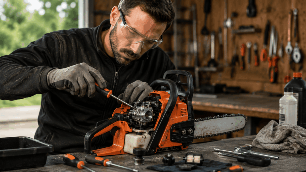 Utilisateur résolvant un problème de tronçonneuse