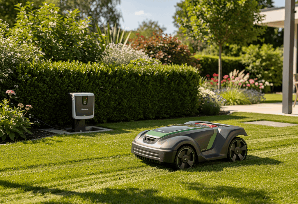 Robot tondeuse fonctionnant après le changement de batterie