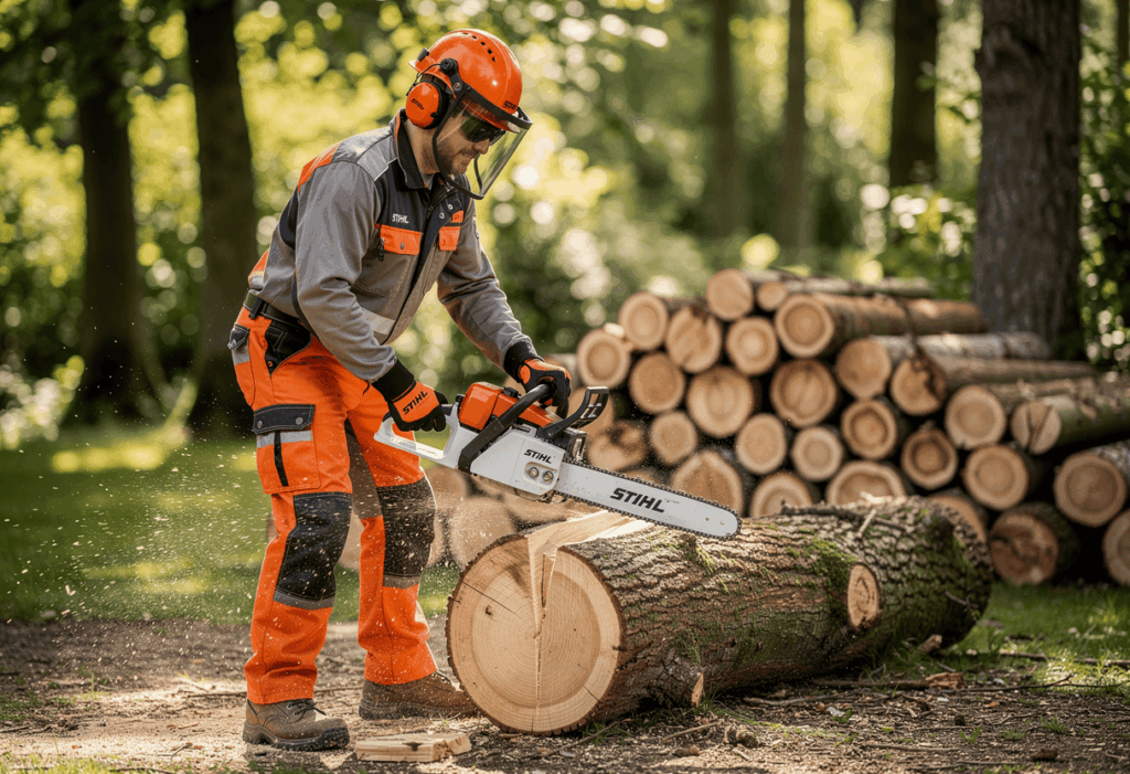 Utilisation d'une tronçonneuse Stihl en forêt