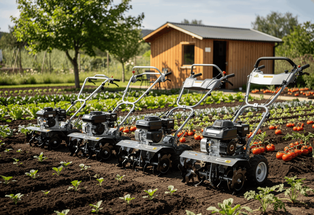 plusieurs motobineuses de différentes tailles et puissances alignées dans un jardin potager bien entretenu