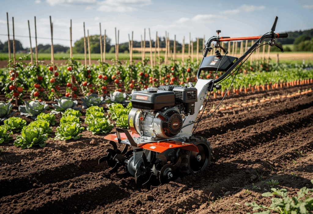 un motoculteur moderne de haute qualité au premier plan dans un jardin potager parfaitement entretenu