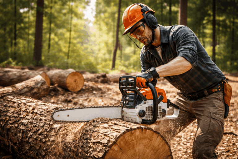 un homme utilisant sa tronçonneuse thermique