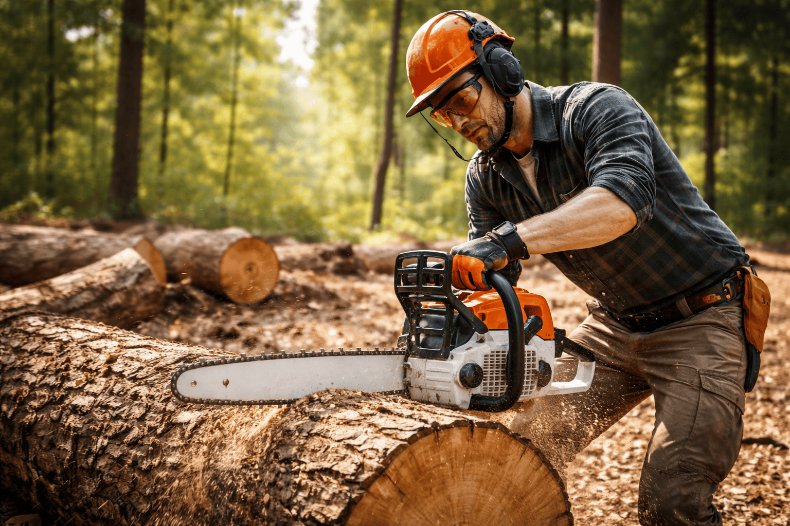 un homme utilisant sa tronçonneuse thermique