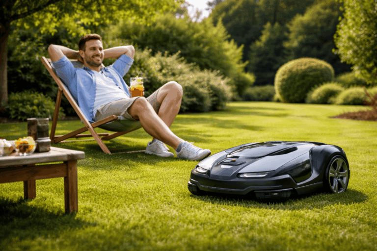 une personne détendue pendant que son robot tondeuse sans fil tond
