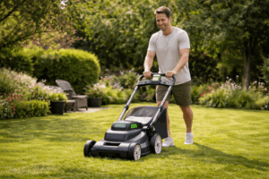 une personne utilisant sa tondeuse à gazon batterie